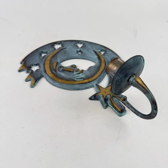 PartyLite Moon and Stars Wall Sconce Candle Holder Verdigris Patina Vintage 8.5" - Picture 3 of 8